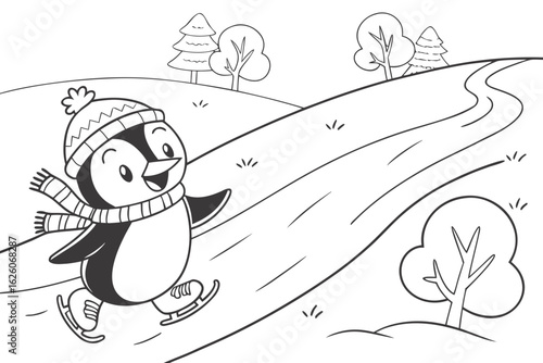 Coloring Pages, cheerful penguin sliding on ice, cartoon style, kids coloring page