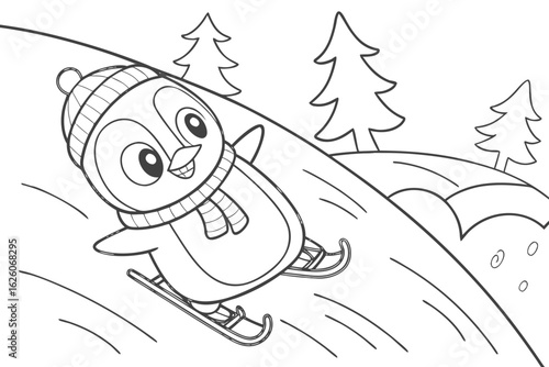 Coloring Pages, cheerful penguin sliding on ice, cartoon style, kids coloring page