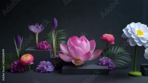 Wallpaper Mural Stunning floral arrangement featuring a vibrant pink lotus bloom, delicate crocuses, and lush greenery, artfully composed on dark geometric pedestals for a sophisticated, modern aesthetic. Torontodigital.ca