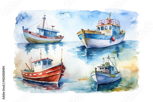 set of watercolor Fishing Boat vector illustration isolated on white background