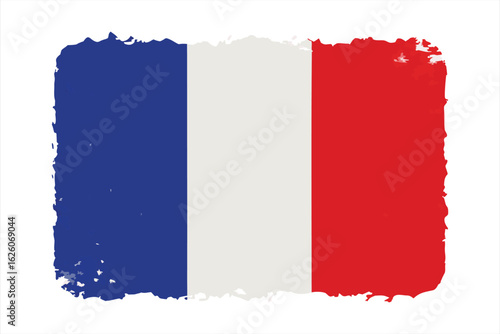 French flag rendered in a brushstroke style with a distressed, textured effect, isolated on a clean white background, symbolizing french patriotism and culture