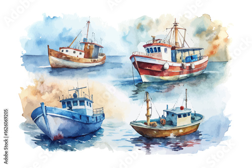 set of watercolor Fishing Boat vector illustration isolated on white background