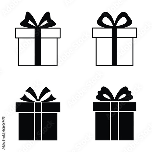 Four simple line art and silhouette icons of gift boxes with bows on a white background
