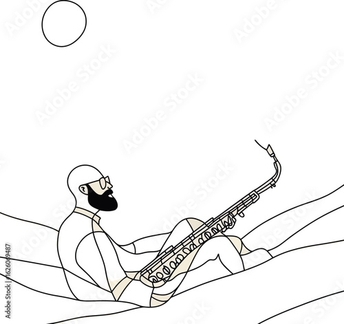 A solitary illustration of a saxophonist playing a saxophone is set against a plain white background