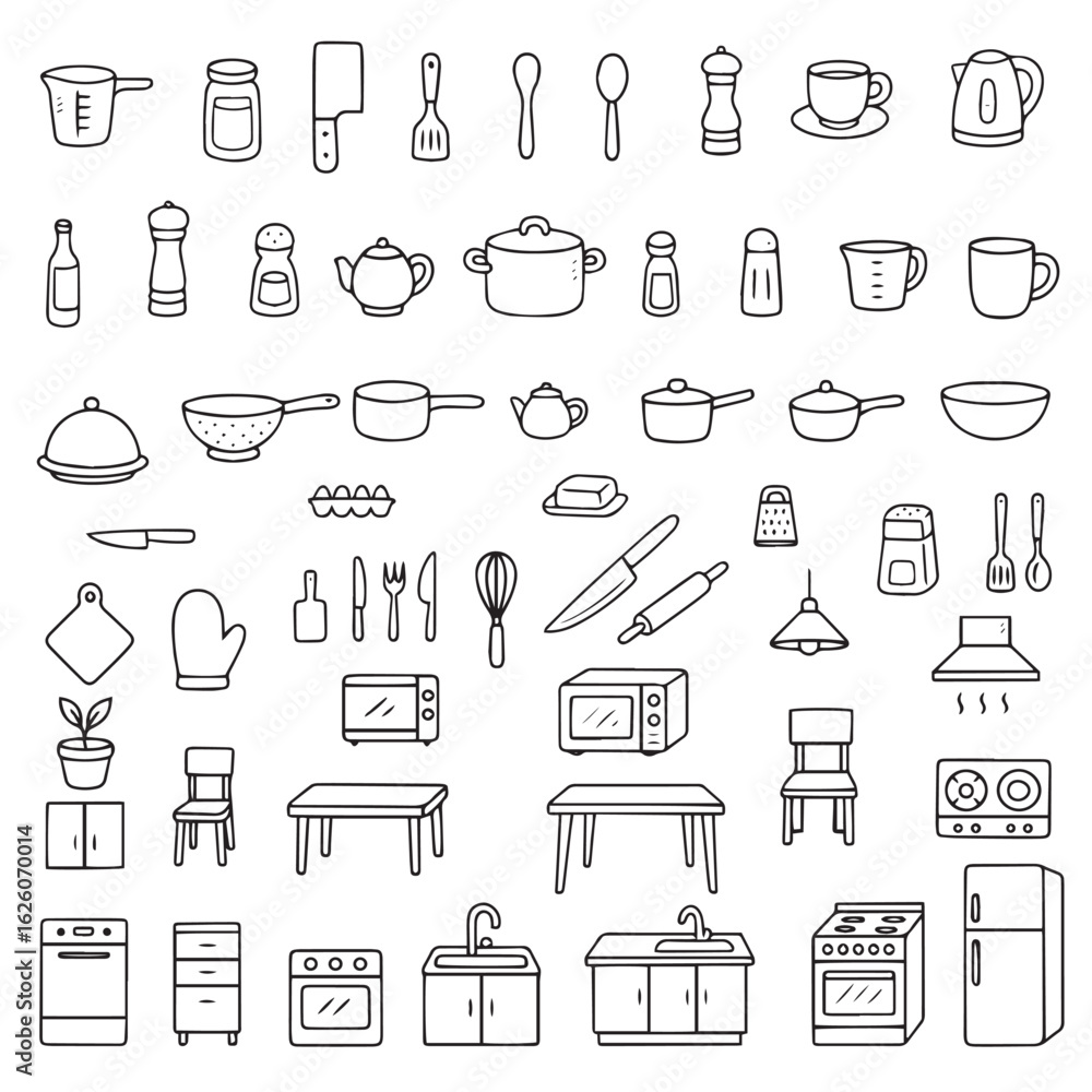Naklejka premium Hand drawn cooking elements. Kitchen equipment, outline icons in design set collection. Vector illustration with kitchen symbols and accessories.