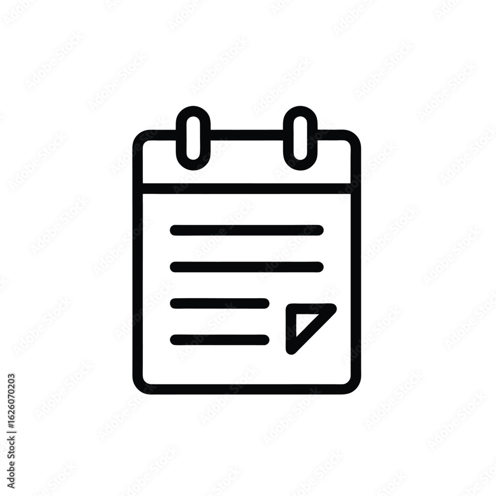A minimalist black and white outline icon of a calendar page with horizontal lines and a small triangle arrow on the right. A minimalist black and white outline icon of a calendar page with horizontal lines and a small triangle arrow on the right.