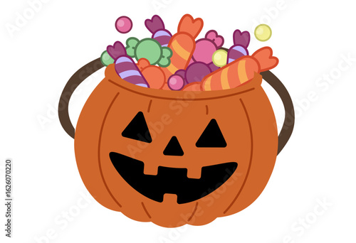 Halloween Candy Bucket Illustration
An illustration of a Halloween candy bucket shaped like a jack-o'-lantern, filled with colorful sweets.