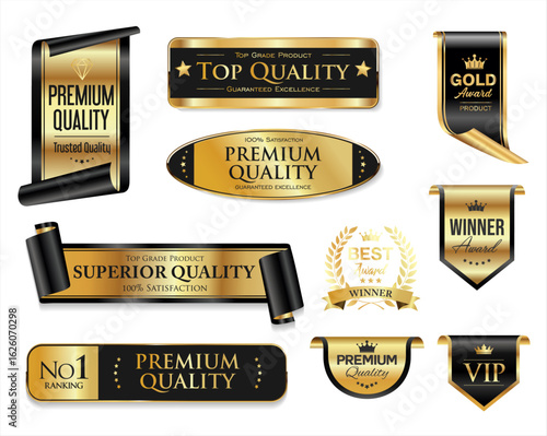 Golden luxury labels and badges gold premium quality certificate ribbons vector illustration