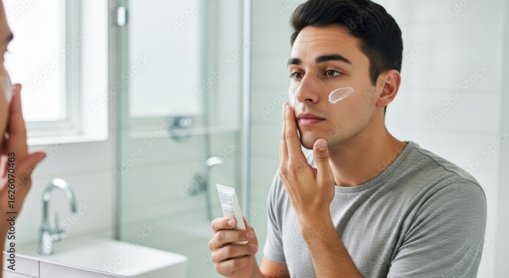 Young Man Applying Face Moisturizer in Bathroom Mirror for Daily Skincare Young Man Applying Face Moisturizer in Bathroom Mirror for Daily Skincare