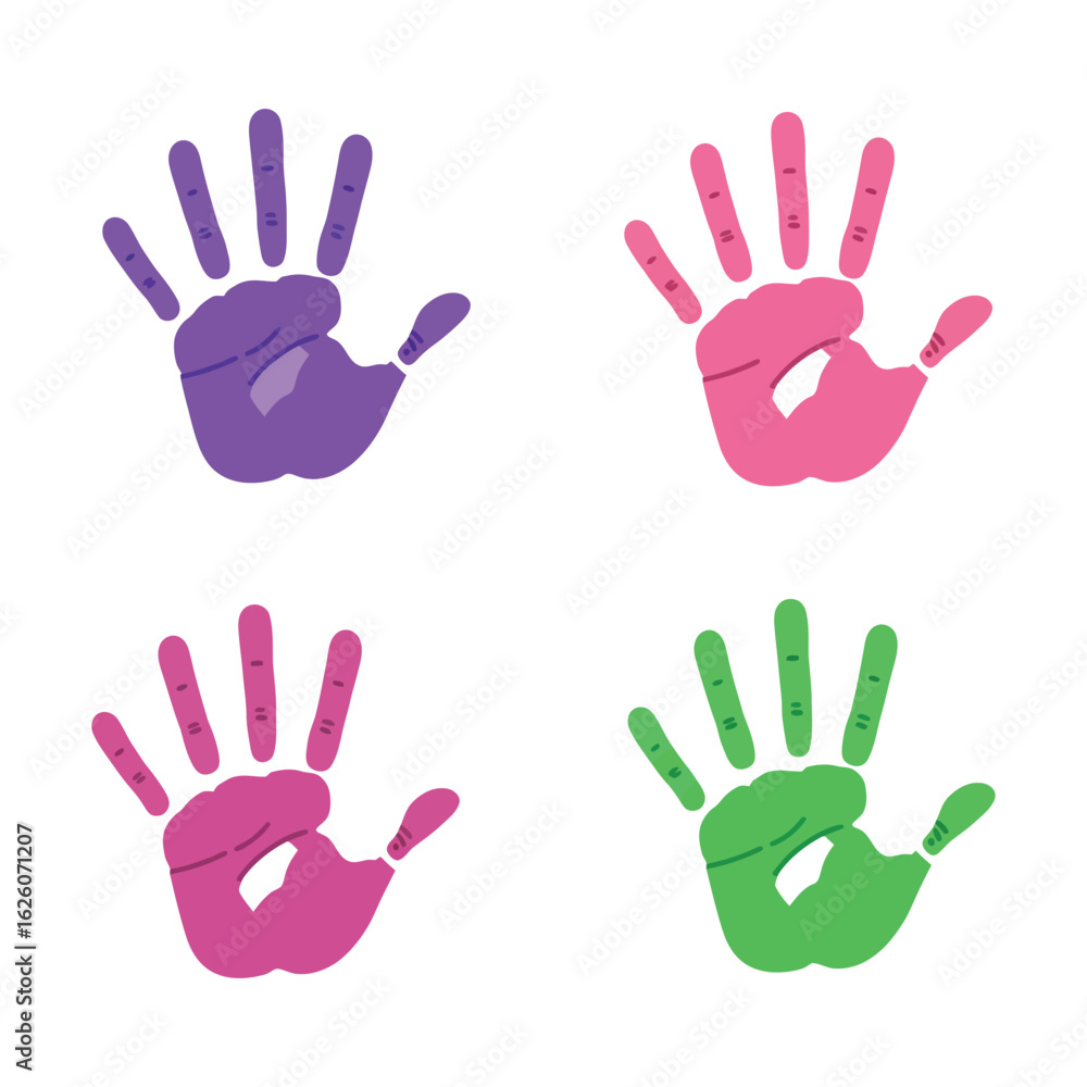 Fototapeta premium Four colorful handprints in purple pink and green on a white background symbolizing childhood and creativity