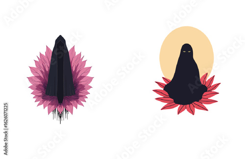 Graphic art shows Muslim women's silhouettes in flower-like shapes for social commentary, activism, or branding use.