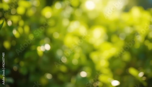 Serene natural background showcasing soft, diffused sunlight filtering through lush green foliage, creating a tranquil and calming aesthetic