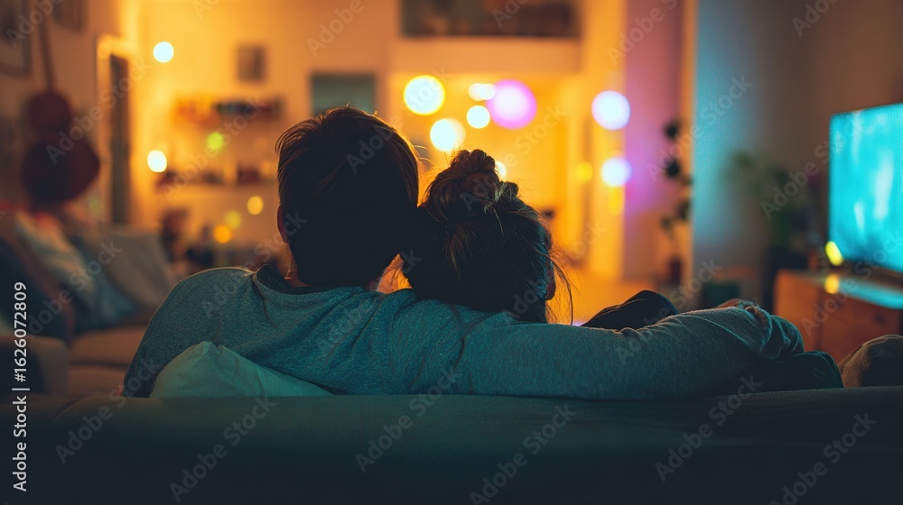 Naklejka premium Couple sharing a cozy moment on sofa, warm lighting highlighting intimate home atmosphere.