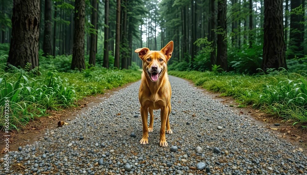 Naklejka premium A Happy Dog Stands on a Pebble Path Through a Lush Green Forest with Tall Tree Trunks