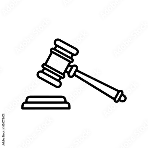 A black and white line drawing of a gavel and striking block on a white background