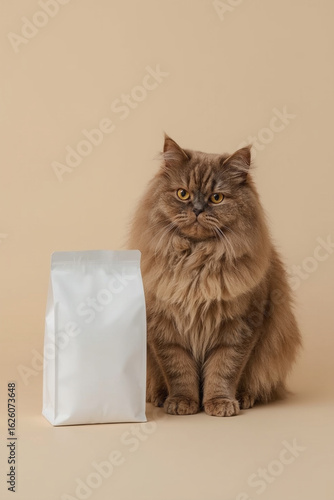 Cat sitting next to food package	