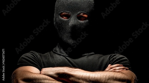 High-resolution portrait of person wearing black T-shirt and balaclava mask against dark background