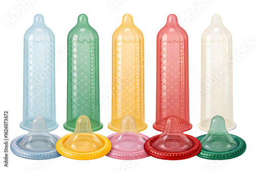 Colorful textured condoms with ribbed patterns in various bright colors for enhanced pleasure, isolated on a transparent background