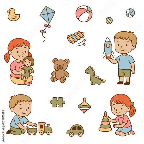 Children play with various toys. Colorful hand drawn illustration
