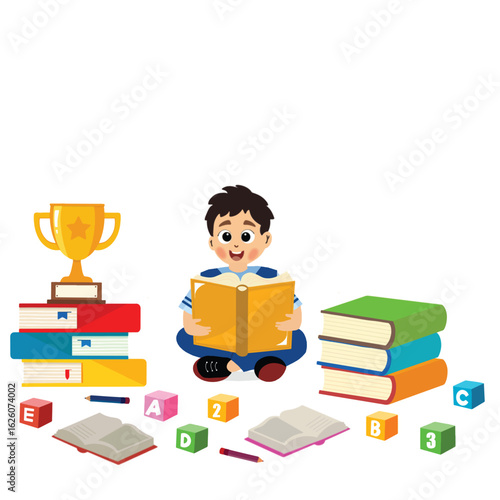 little boy reading book, Happy kid reads book. Studying and knowledge concept. illustration, vector