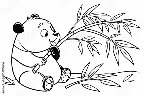 Coloring Pages, chubby panda eating bamboo, cartoon style, black and white