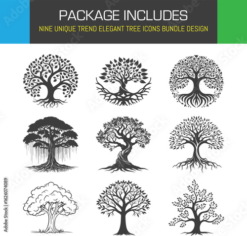 Elegant tree icon bundle showcasing nature s beauty and intricate roots in a clean black