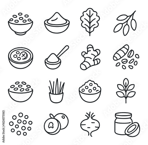 Herbs linear icon set. containing ginger, turmeric, chia seeds, ginseng, goji berries, lavender, flaxseed.