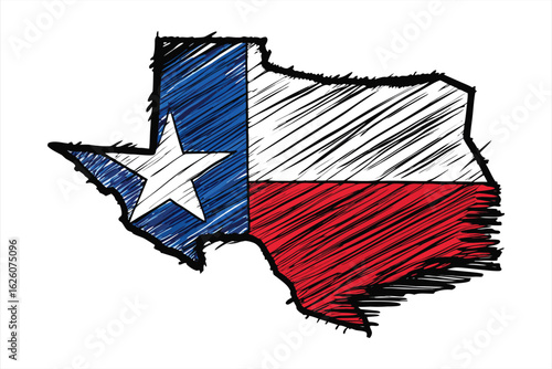 Handdrawn sketch of the state of texas filled with the colors of the texas flag, isolated on white background