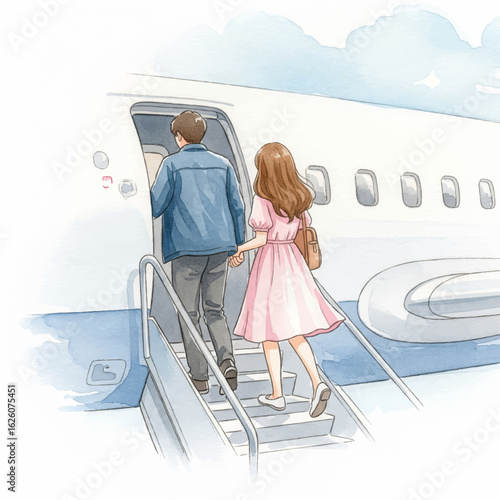 A couple getting into flight- Watercolour Art