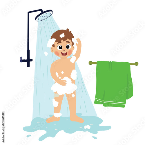 cute boy is bathing under the shower