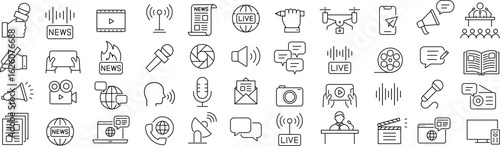 ベクターでモノクロのマスメディアに関する線画アイコンセット
