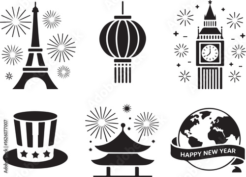 Global celebrations with iconic landmarks and festive fireworks