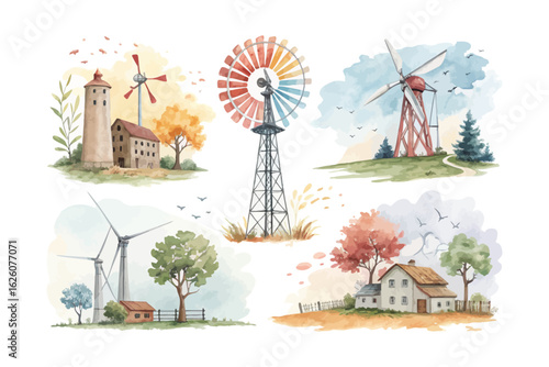 set of watercolor energy turbines vector illustration isolated on white background