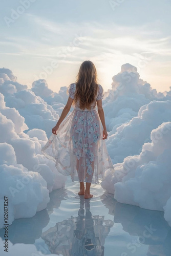 Woman in a cloudy fantastical landscape. Surreal dreamlike, pastel, dreamy atmosphere.