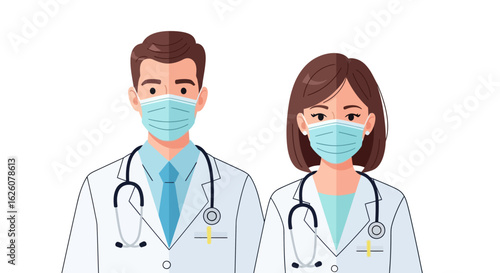 Professional medical team of a male and female doctor wearing protective face masks and stethoscopes on a white background.