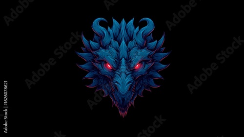 Close-up dragon head, stylized, vibrant blue, glowing red eyes, dark background