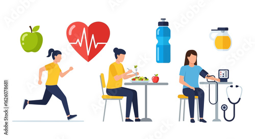 Women's health and wellness concept illustration with diet, exercise, and blood pressure monitoring for a healthy lifestyle