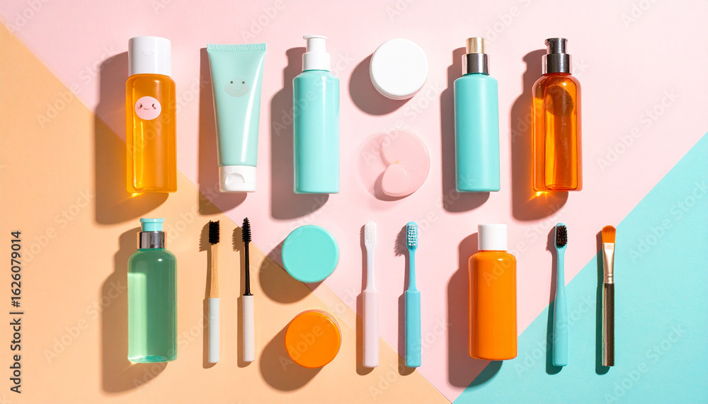 Obraz premium Self-Care Essentials: A curated array of beauty and skincare products is arranged in a colorful grid, offering a glimpse into a personalized daily self-care ritual.
