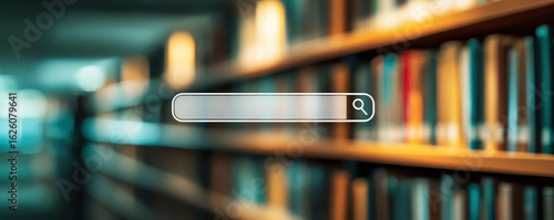 Search bar overlay on blurred library bookshelf background, symbolizing digital research and online learning concepts