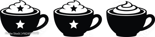 Whimsical Trio of Black Coffee Cups with Whipped Cream and Star Accents — Stylized Beverage Icons Celebrating Flavor, Fantasy, and Café Culture