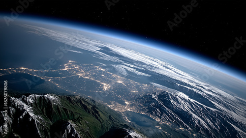 Outer space satellite view of Earth at night highlighting glowing city networks in Near East, Middle East, and Asia against dark cosmic sky with visible curvature and shimmering stars

