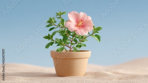 Minimalist flower pot arrangement serene beach setting nature photography soft sand environment close-up viewpoint