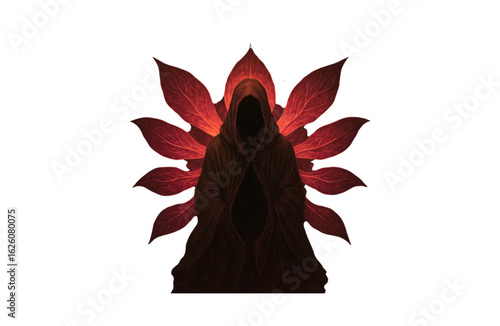 Crimson spectral figure against floral backdrop evokes mystery for digital posters, music covers.