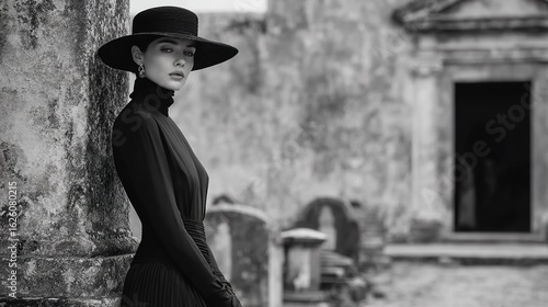 Full-body portrait of goth woman in long black skirt and hat by old cemetery, monochrome detailed photography