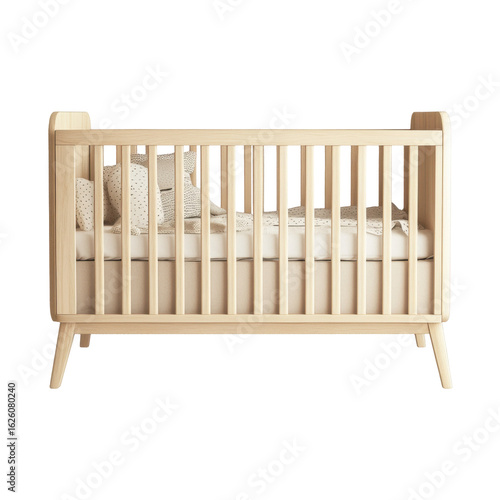 Modern Wooden Crib: A minimalist, elegantly crafted wooden crib, a sanctuary of comfort and safety, showcasing the essence of early childhood dreams. 