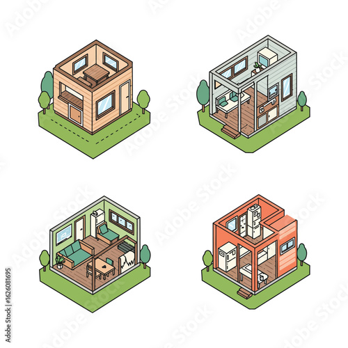 Four isometric dioramas showcasing compact living spaces with different interior designs and outdoor greenery