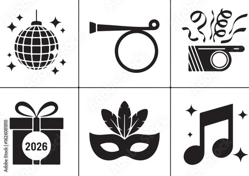 Celebrate with festive icons disco ball gift music mask party blower and year