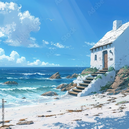A quaint white-painted cottage by the sea, with wooden steps leading to the beach, as waves crash onto the shore under a clear blue sky.