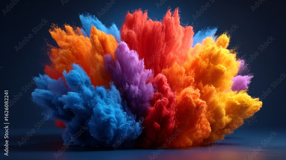 Fototapeta premium Explosive Symphony of Colors: A vibrant explosion of colored powder creating a stunning display of chromatic delight against a blurred background, evoking the vibrant energy of a festival or event.