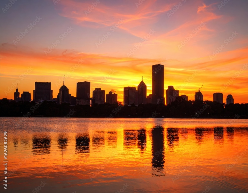 Fototapeta premium Colorful Sunset Over City Skyline Reflected in Water